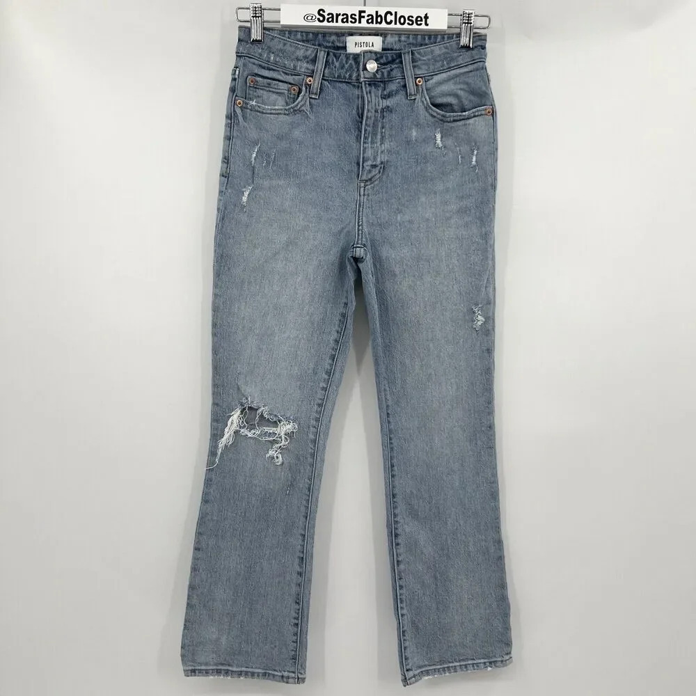 Pistola High Rise Straight Leg Cropped Blue Jeans Distressed Women's Size 26